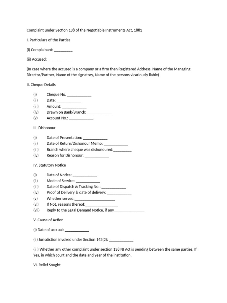 Section 138 Complaint Format | PDF
