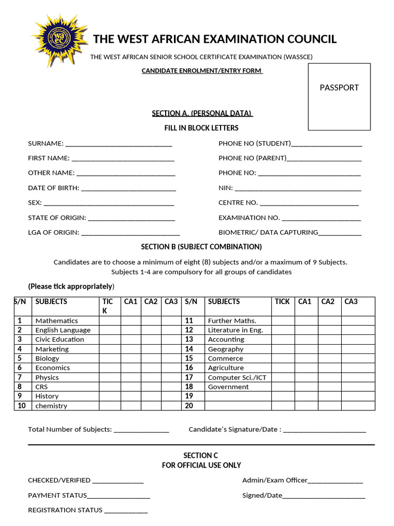 WASSCE Candidate Enrolment Form | PDF