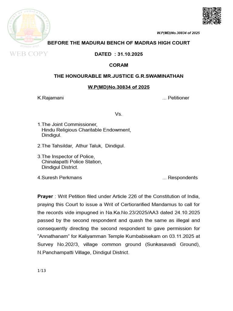 Rajamani's Petition for Temple Event | PDF