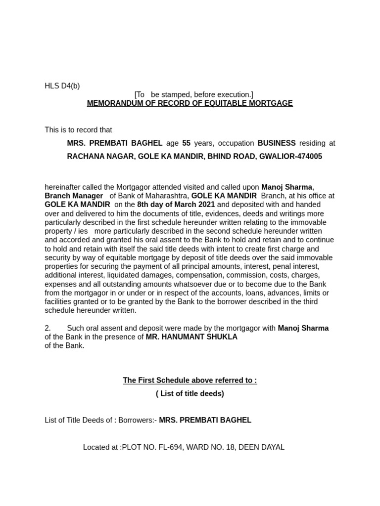 HLS - D4b - Memorandum Recording Deposit of Title Deeds | PDF ...