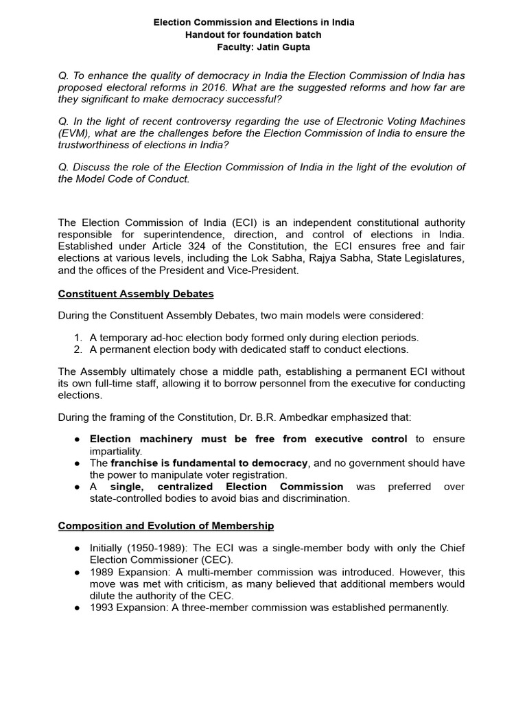 Election Commission's Role in Indian Democracy | PDF | Elections ...