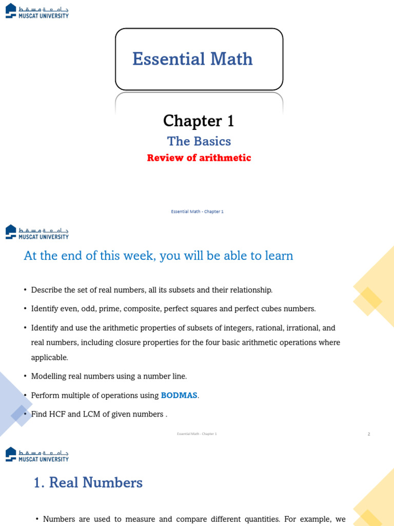 Essential Math: Real Numbers Overview | PDF | Numbers | Multiplication