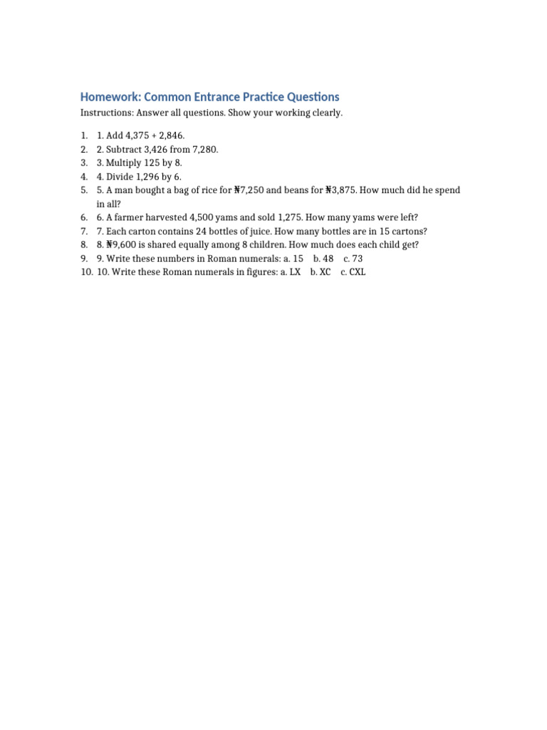 Common Entrance Math Practice Questions | PDF