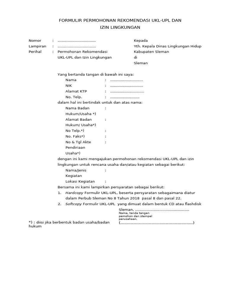 Permohonan Rekomendasi UKL-UPL Sleman | PDF