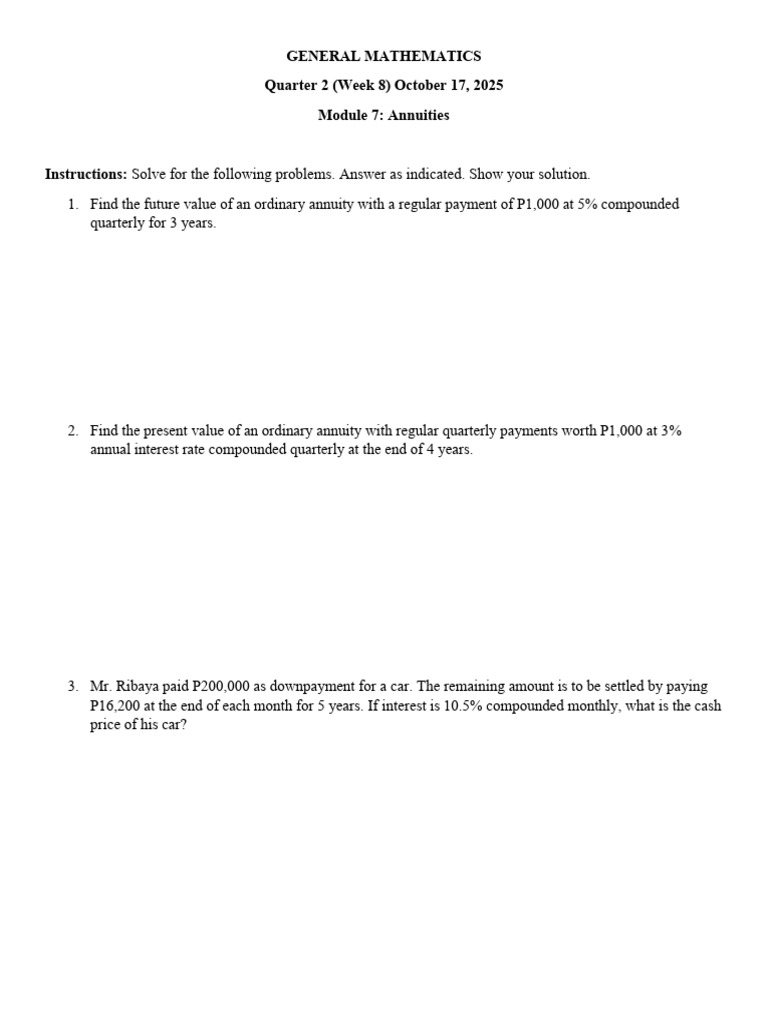 Annuities: Future & Present Value Problems | PDF