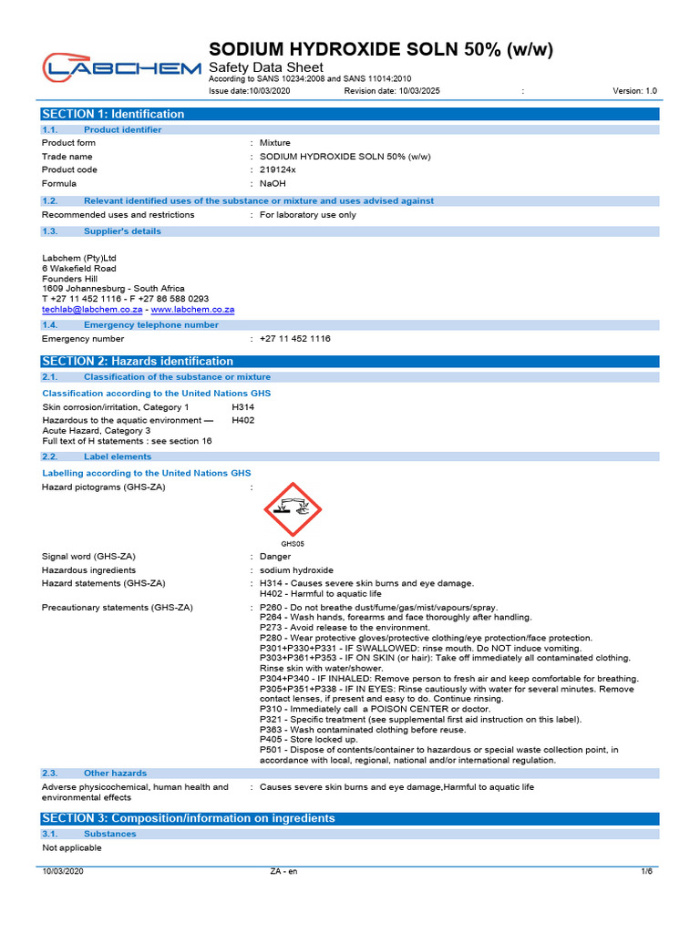 Sodium Hydroxide Solution 50% | PDF | Toxicity | Firefighting