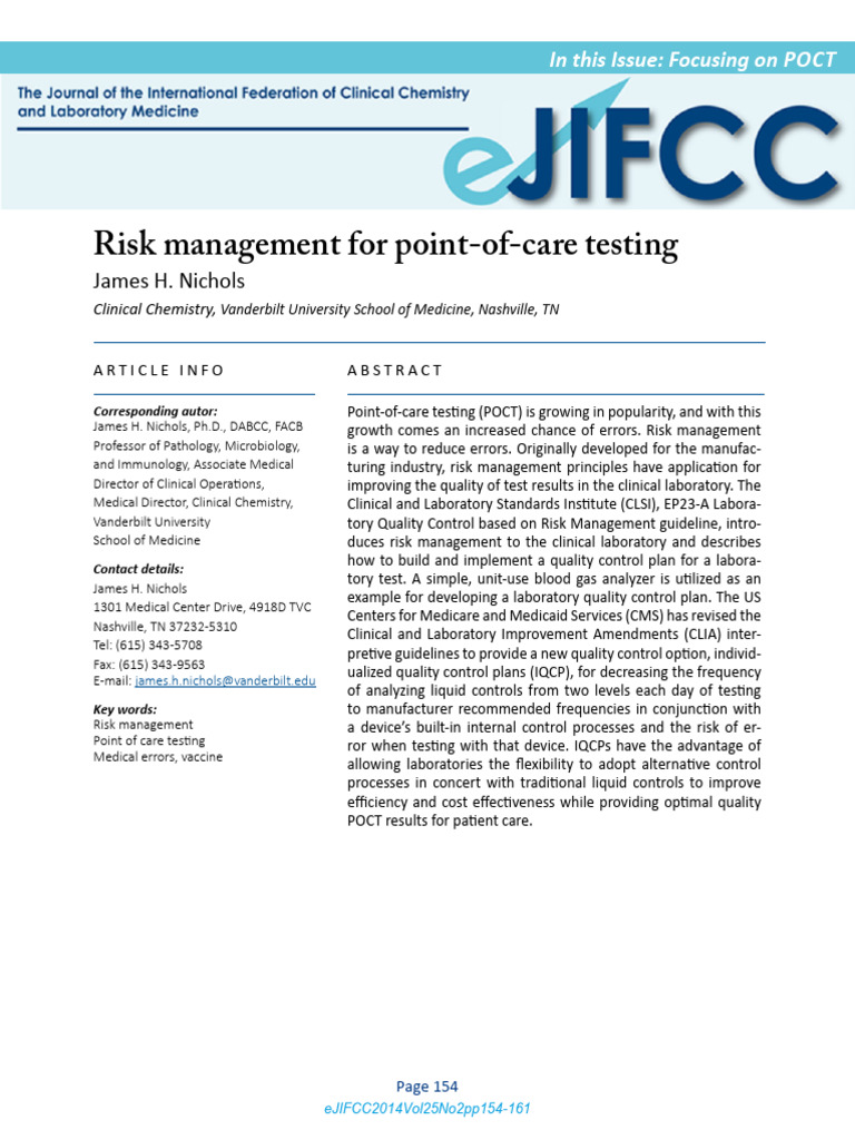 Risk Management For Point-Of-Care Testing | PDF | Risk | Risk Management