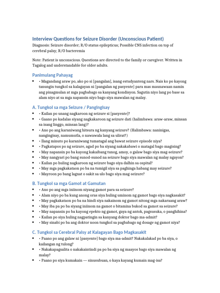 Interview Questions Seizure Disorder Unconscious Patient | PDF