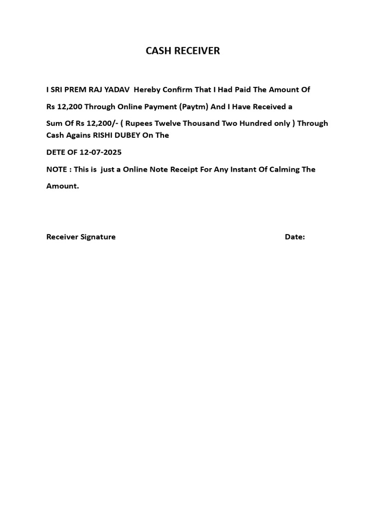 Cash Payment Receipt Confirmation | PDF