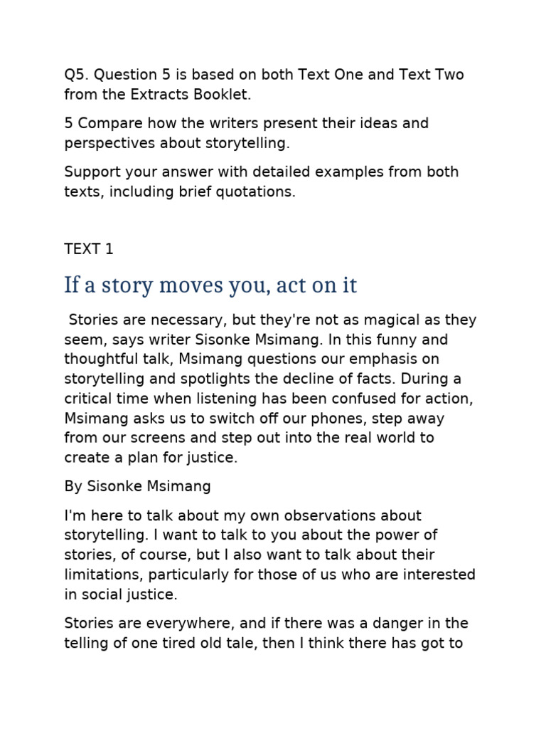Two Texts For q5 If A Story Moves You Danger of A Single Story | PDF ...