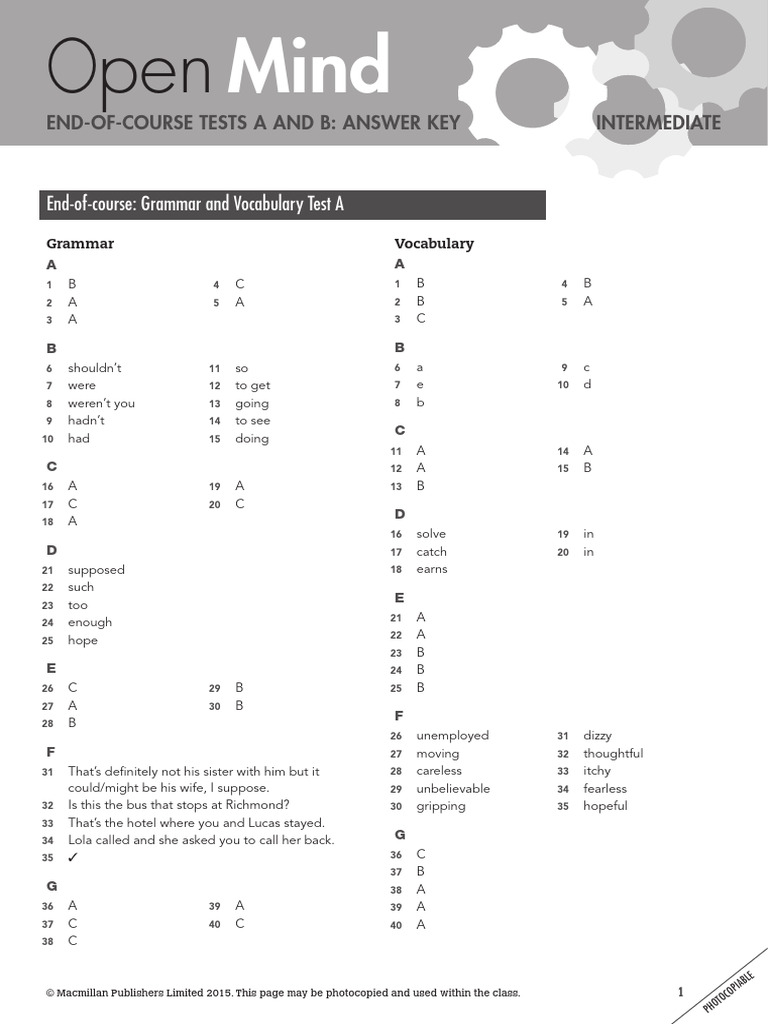 Open Mind Intermediate Test Answer Key | PDF | Human Communication ...