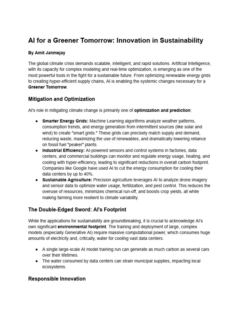 AI For A Greener Tomorrow - Innovation in Sustainability | PDF ...