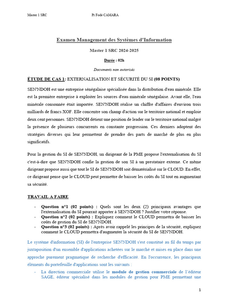 Examen Management SI : Cas SEN'NDOH 2024 | PDF | Sécurité des systèmes ...