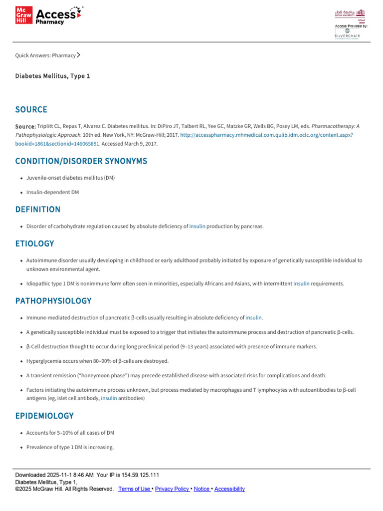 Type 1 Diabetes Overview and Management | PDF | Diabetes | Autoimmune ...
