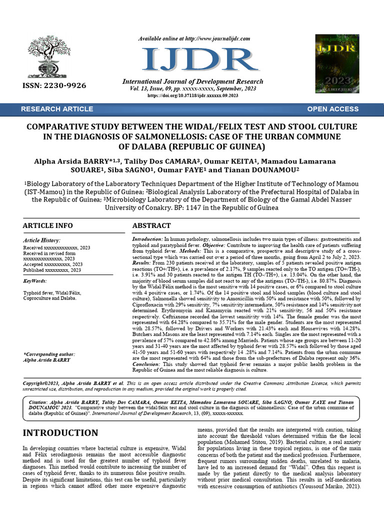 Widal/Félix vs Stool Culture for Salmonellosis | PDF | Salmonella ...