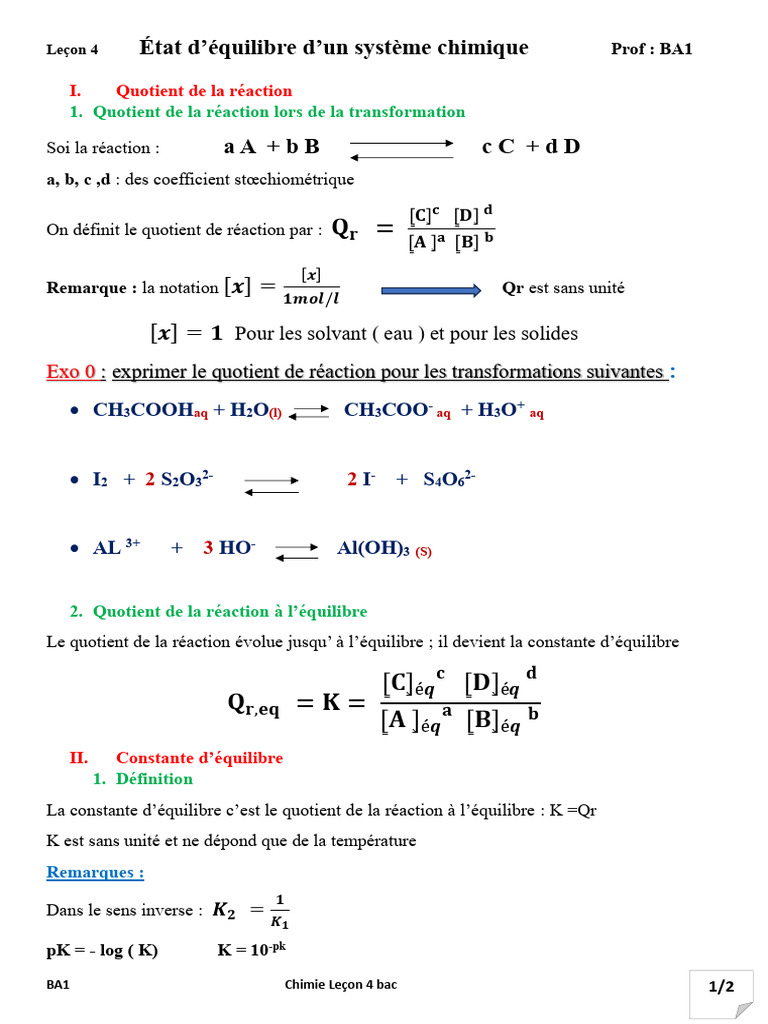 Quotient et constante d'équilibre chimique | PDF | Équilibre chimique ...