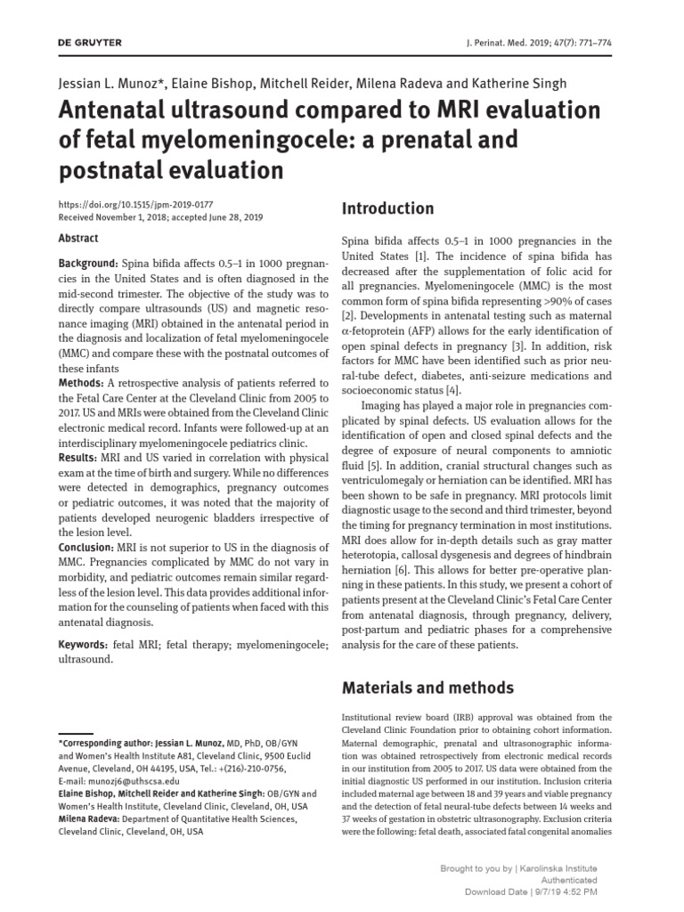 Ultrasound vs. MRI in Fetal Myelomeningocele | PDF | Clinical Medicine ...