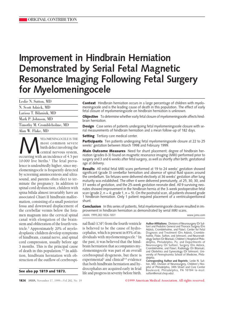 Improvement in Hindbrain Herniation Demonstrated by Serial Fetal ...