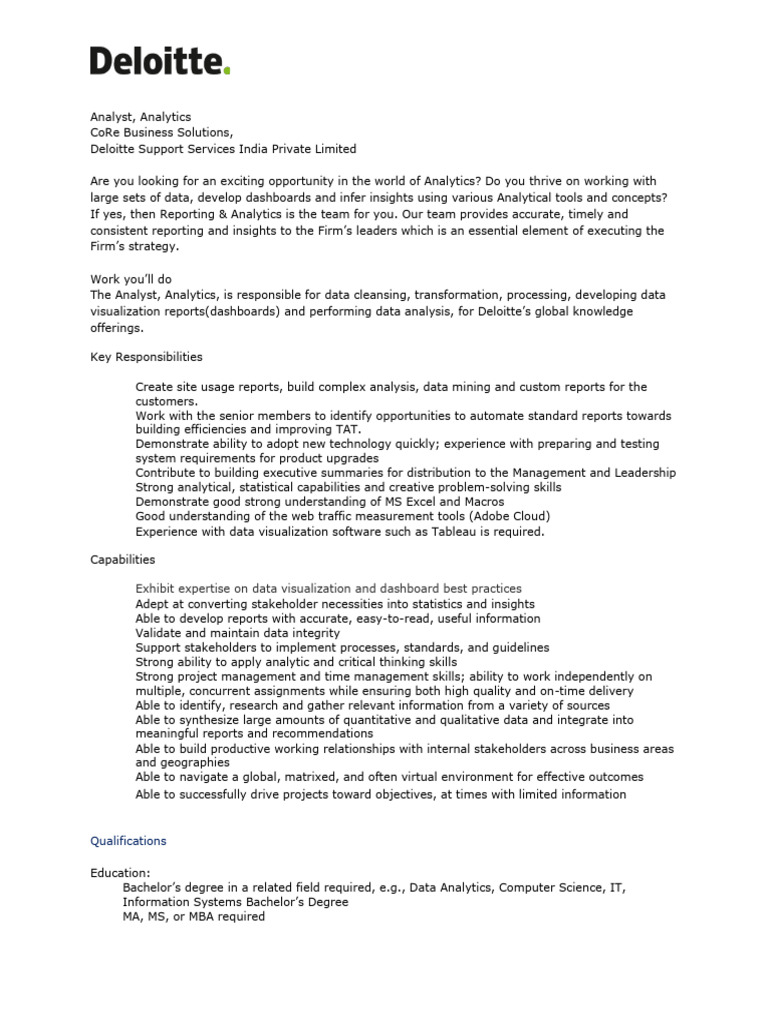 Analyst Position in Data Analytics at Deloitte | PDF | Analytics | Data