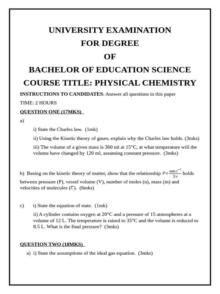 Physical Chemistry Exam Questions | PDF | Gases | Temperature