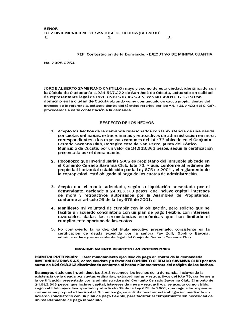 Contestación Demanda Propiedad Horizontal | PDF | Condominio