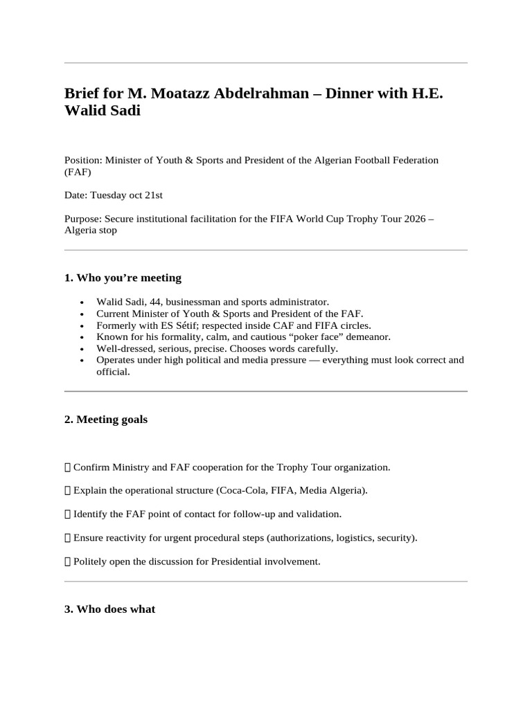 Brief For M. Moatazz Abdelrahman - Dinner With H.E. Walid Sadi | PDF