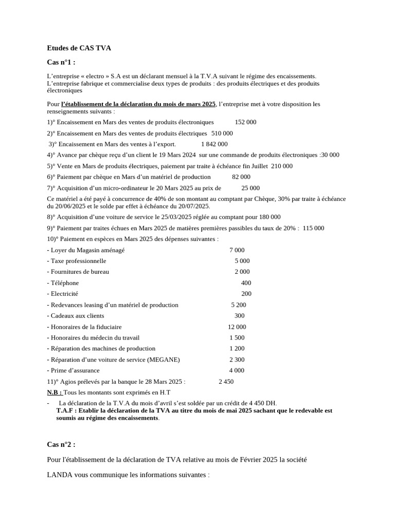 Déclaration de TVA : Cas pratiques 2025 | PDF | Taxe sur la valeur ...