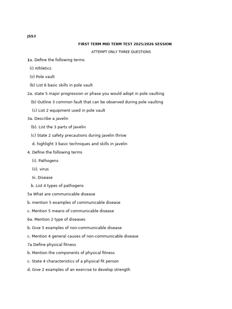 JSS3 Athletics Test: Vault & Javelin | PDF