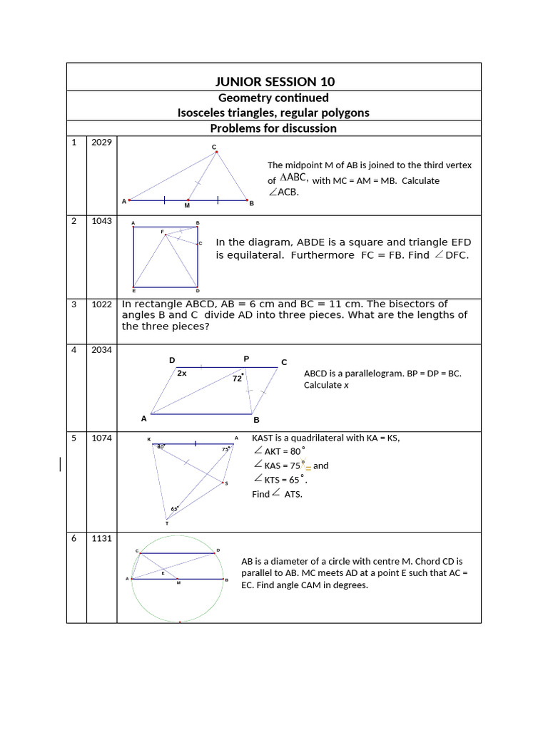 Junior Session 10 Problems | PDF | Triangle | Geometry
