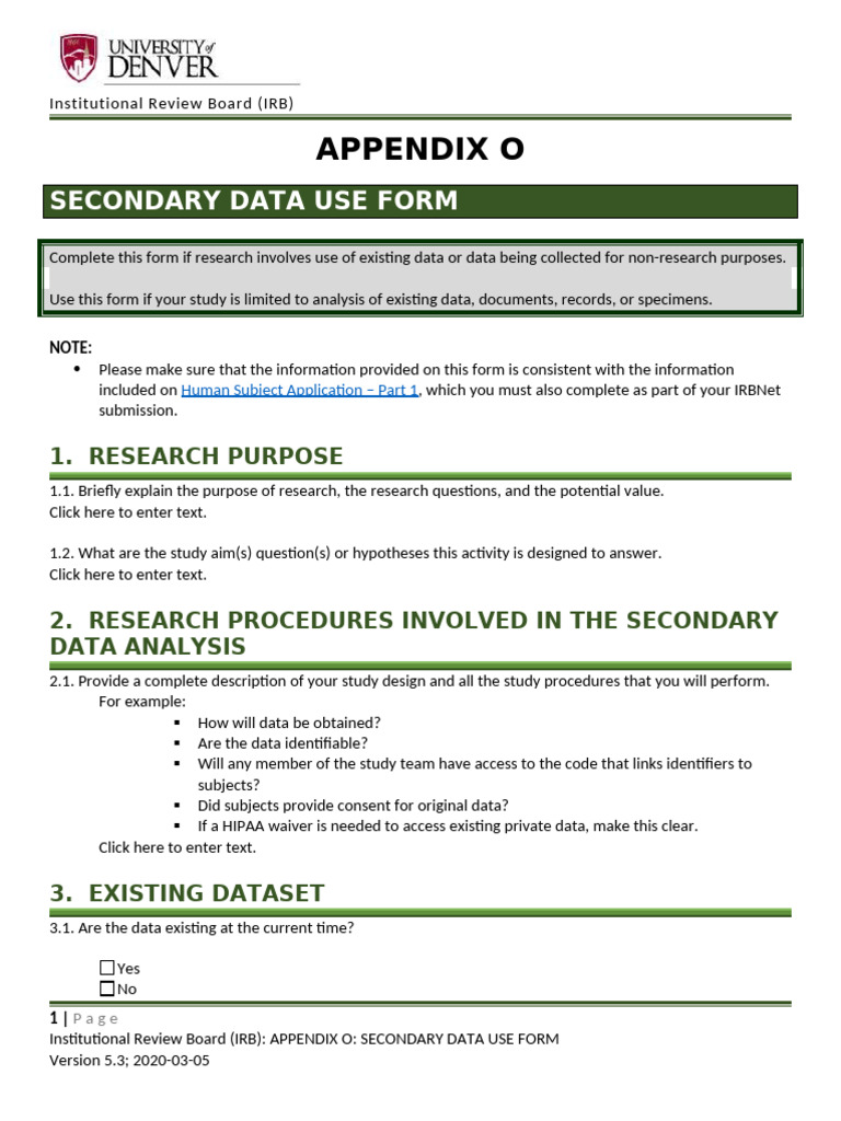 Secondary Data Use Form for IRB | PDF | Institutional Review Board