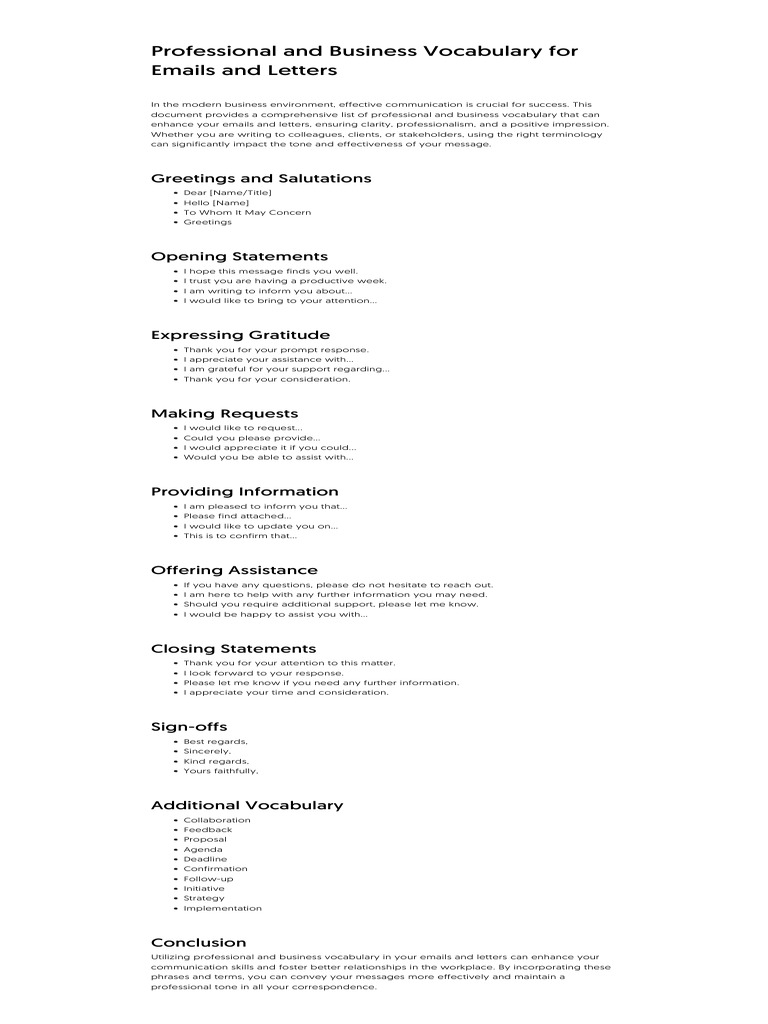 Business Vocabulary for Emails | PDF | Communication | Social Psychology