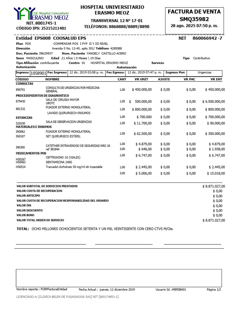 Factura de Venta Hospital Erasmo Meoz | PDF
