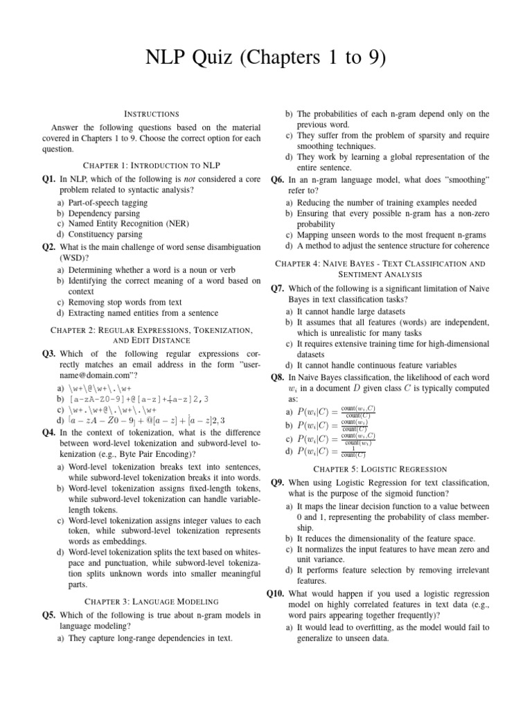 NLP Quiz: Chapters 1-9 Questions | PDF | Algorithms | Cognitive Science