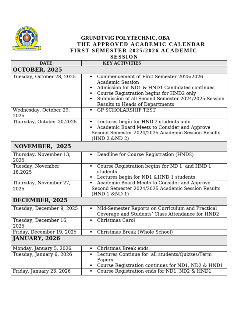 Grundtvig Polytechnic Academic Calendar 2025 | PDF | Academic Term ...