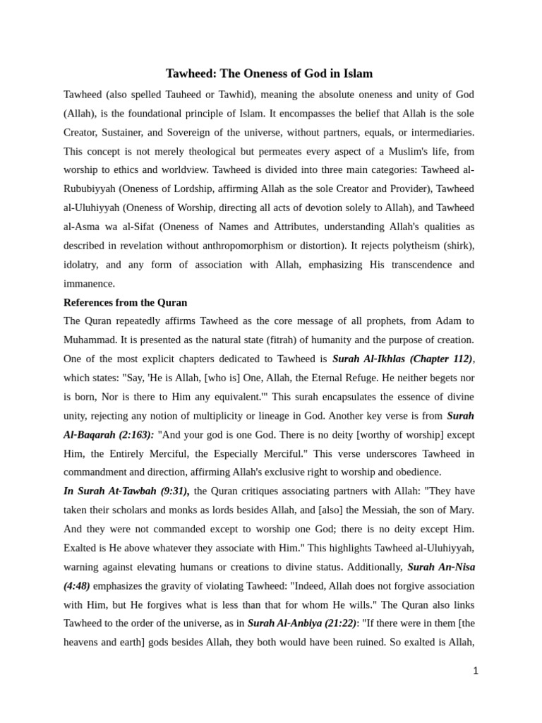 Understanding Tawheed in Islam | PDF | Tawhid | God In Islam