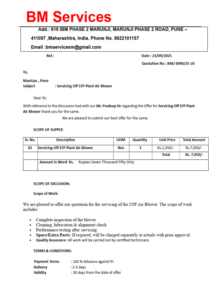 STP Plant Air Blower Servicing Quotation | PDF