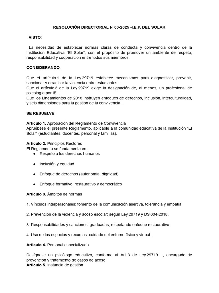 Reglamento de Convivencia Escolar 2025 | PDF | Violencia