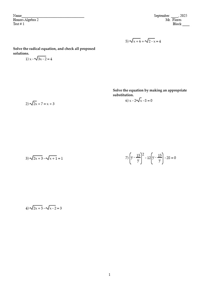 Honors Algebra 2 Test Solutions 2025 | PDF | Equations | Function ...