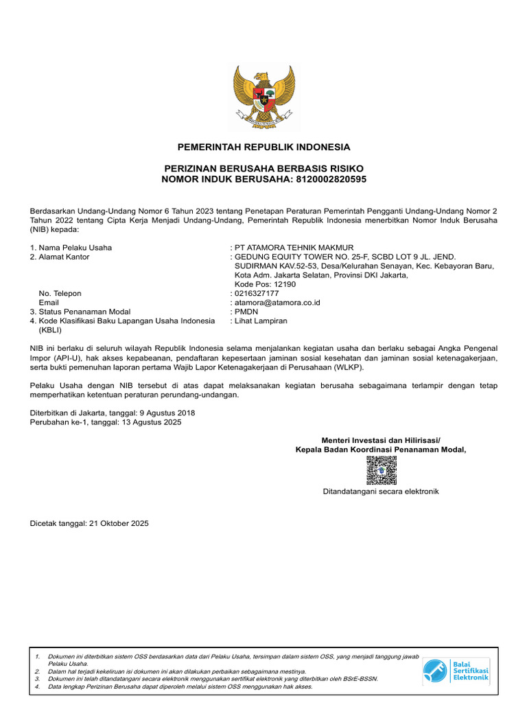NIB PT Atamora Tehnika Makmur 2023 | PDF