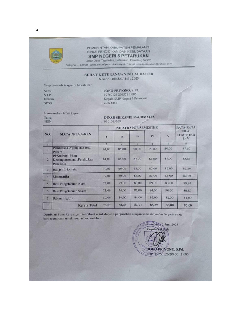 Surat Keterangan Nilai Rapot | PDF