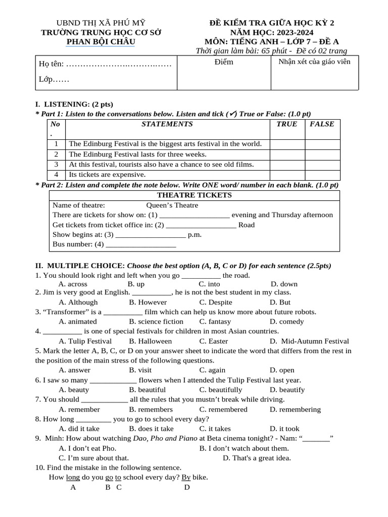 English Test for Grade 7 - Semester 2 | PDF