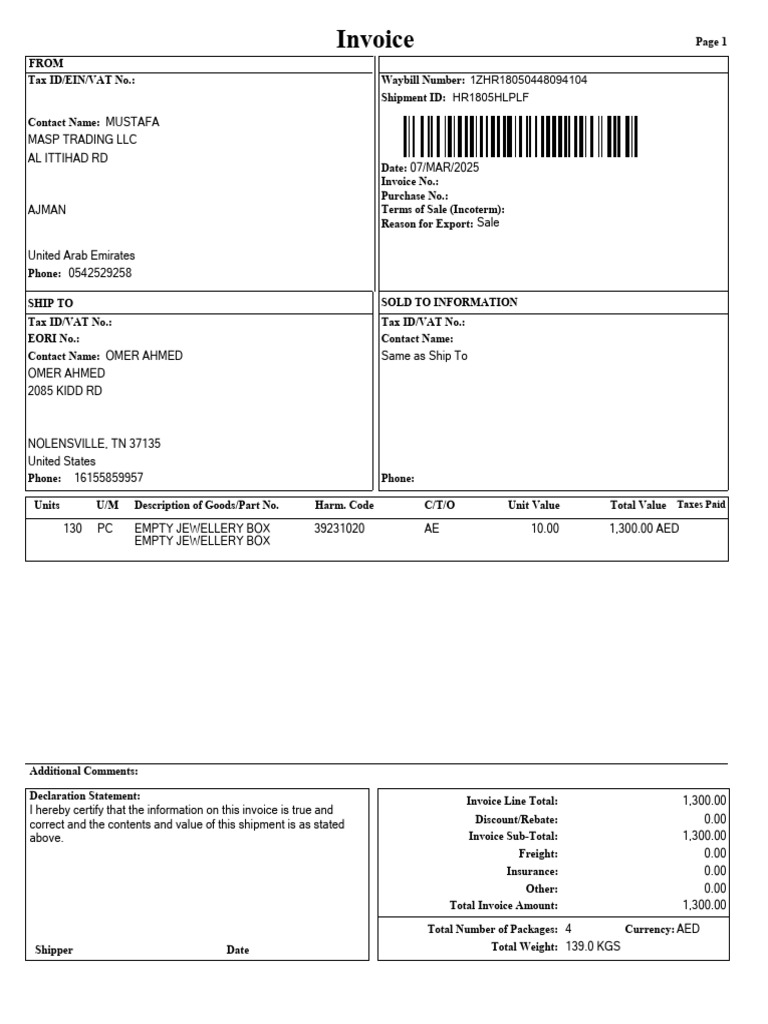 Invoice for Empty Jewellery Boxes | PDF | Value Added Tax | Cargo