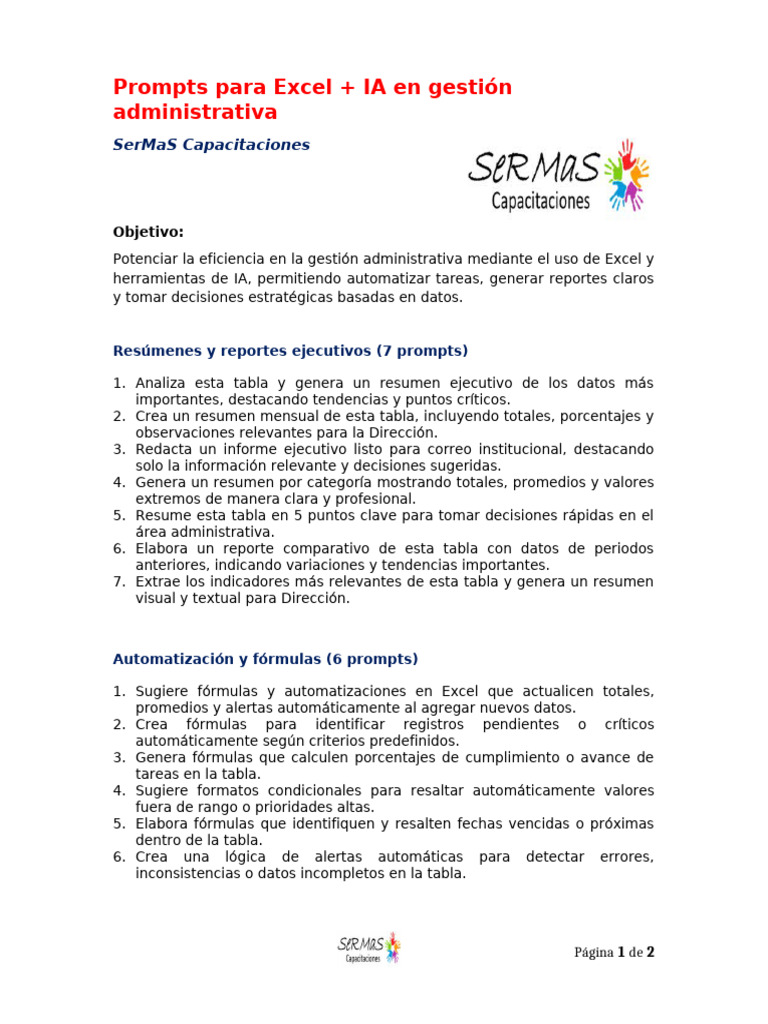 Prompts de Excel e IA para Gestión Eficiente | PDF | Microsoft Excel ...