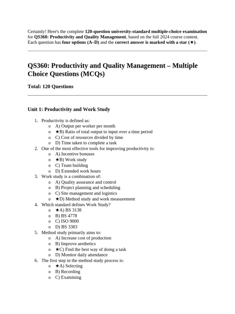 QS360 MCQ Exam: Productivity & Quality Management | PDF | Quality ...