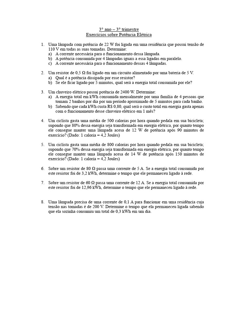 Exercícios de Potência Elétrica 8º Ano | PDF