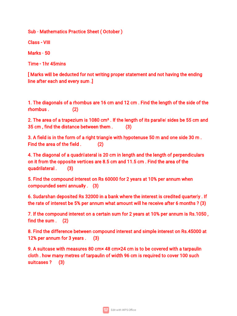 Class VIII Mathematics Practice Sheet | PDF | Area | Length