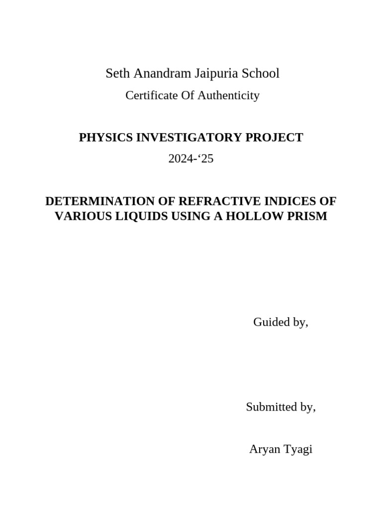 Refractive Indices of Liquids Project | PDF | Refraction | Refractive Index