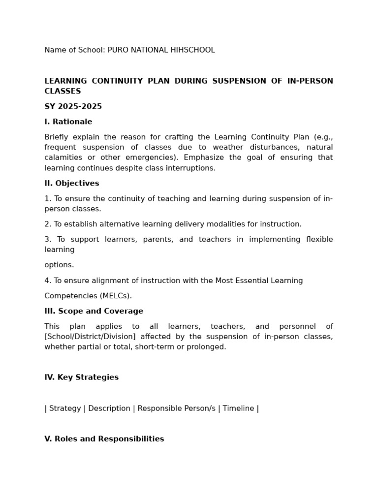 Learning Continuity Plan for PURO HIHSCHOOL | PDF