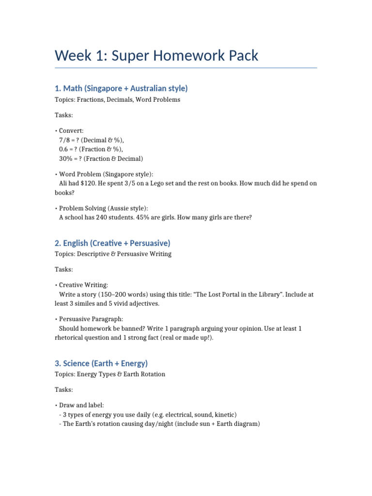 Week 1 Super Homework Pack Guide | PDF