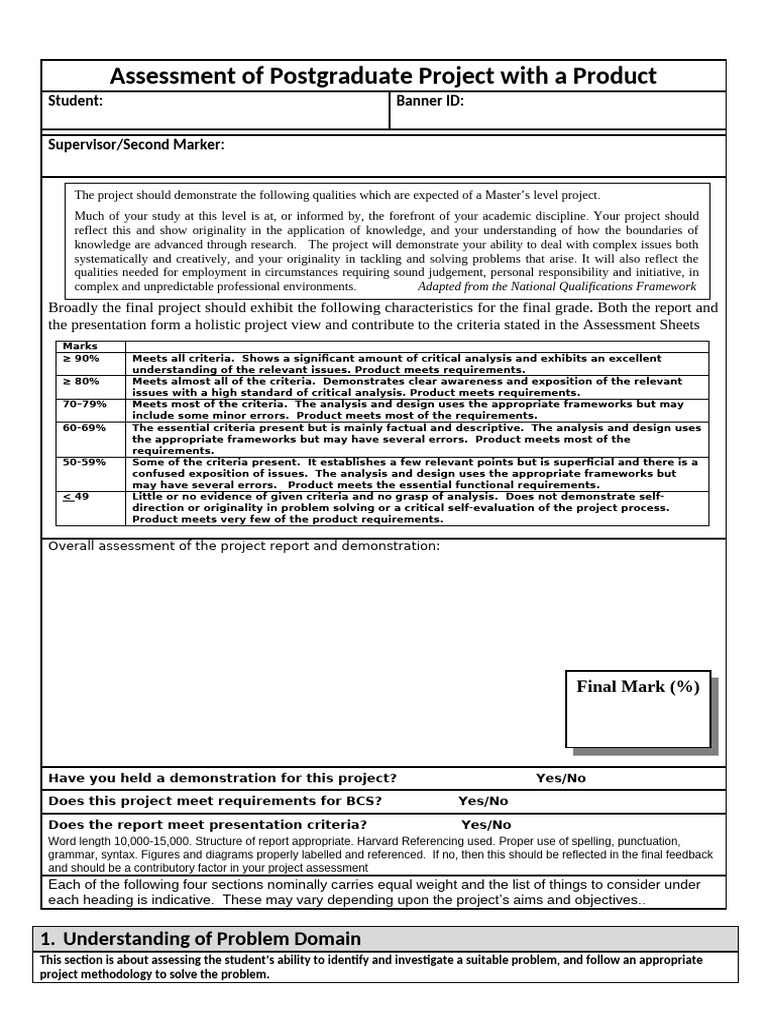 MScProject Marking Scheme | PDF | Critical Thinking | Cognition